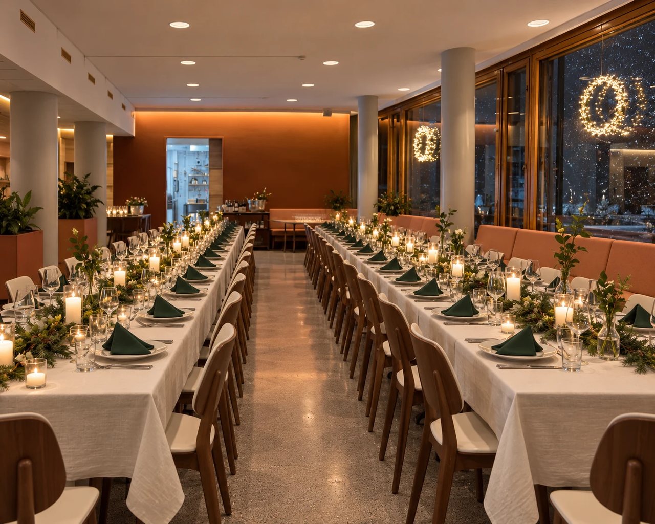 Monda set for a Christmas party: candles, green napkins and greenery
